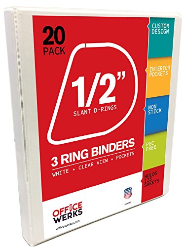 3 Ring Binders, 0.5 Inch Slant-D Rings, White, Clear View, Pockets - 20 Pack