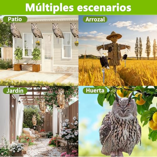 OWHDJH Paquete de 4 Buhos para Ahuyentar Palomas, Espanta Palomas con Campanas, Búho Espantapájaros, para Jardín al Aire Libre, ahuyentar Ardillas, Conejos y pájaros