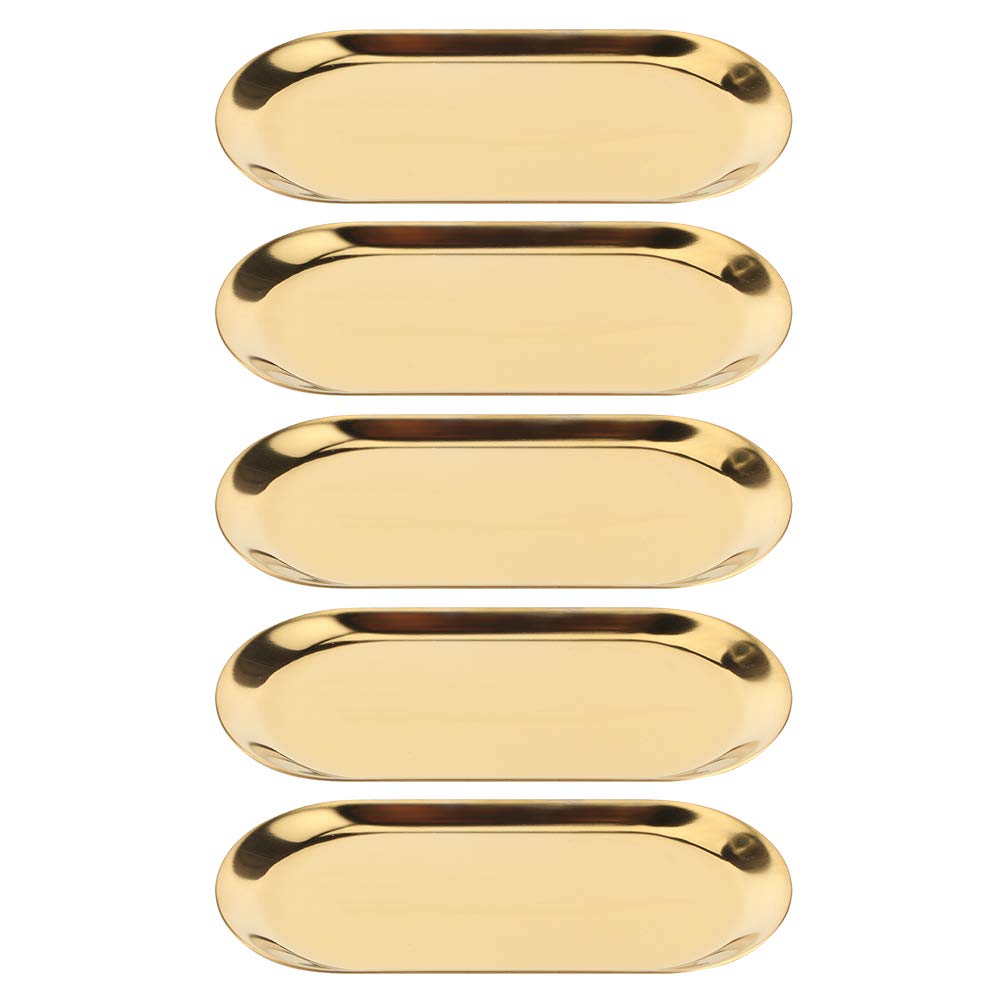 5PCS Oval Shaped Serving Tray Stainless Steel Platter Sink Vanity Trays for Bathroom Cosmetics Jewelry Organizer Towel (Gold)