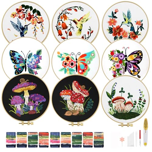TINDTOP Embroidery Kit for Adult for Beginners, 9 Sets Hummingbird Butterfly Mushroom Flower Embroidery Kit for Beginners Include Embroidery Cloth Hoop Threads with Embroidery Skill Techniques