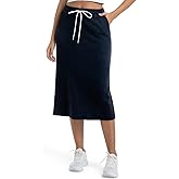 Wrotorea Women's Casual High Waist Elastic Drawstring Stretch Sweat Slit Midi Skirt with Pocket