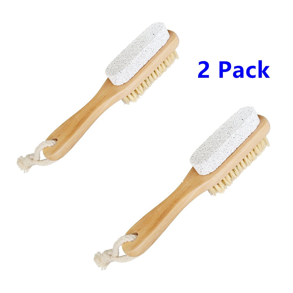 Foot Pumice Stone Brush Bristle Exfoliator Scrubber 2 Pack, Men Women Dead Skin Massage SPA Callus Remover with Wood Handle for Feet, 7\