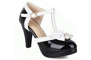 Womens Patent Shoes T Strap Mary Janes Lolita Platform Bow Shoes Vintage Round Toe Ankle Strap Strap Dress Shoes
