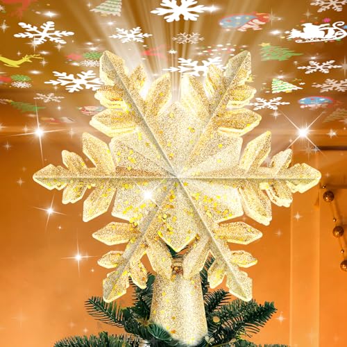 Mrrihand Christmas Tree Topper Lighted with 6 Projection Modes, Built-in 360° LED Rotating Projector Christmas Tree Star, 3D Snowflake Design for Xmas Holiday Christmas Tree Decoration-Gold