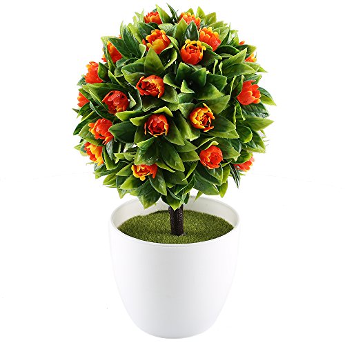 GTidea Artificial Topriay Ball Silk Rose Flowers Green Potted Plants Home Kitchen Dining Table Office Desk Decor Orange