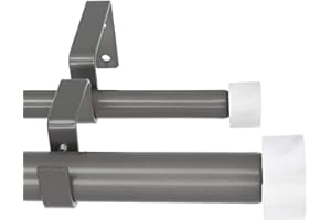 Meriville 1-Inch Diameter Double Window Treatment Curtain Rod, Vico White Marble End Cap Finial, 28-inch to 48-inch Adjustable, Gunmetal