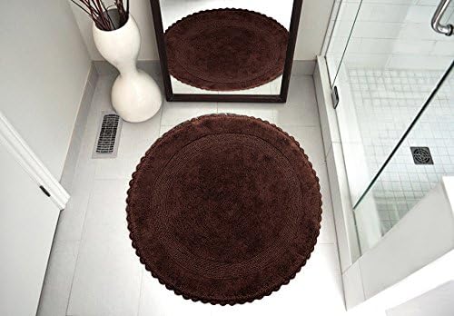 Bath Rug 100% Soft Cotton 36 Inch Round, Reversible-Different Pattern On Both Sides, Solid Chocolate Color, Hand Knitted Crochet Lace Border, Hand Tufted, 200 GSF Weight, Machine Washable