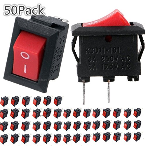 Lsgoodcare On/Off Rocker Switch, Mini Boat Switch 3A/250V, 6A/125V 2Pin SPST Snap Press Button Mini Rocker Switch for Car Auto Boat Household Appliances, Red, Pack of 50