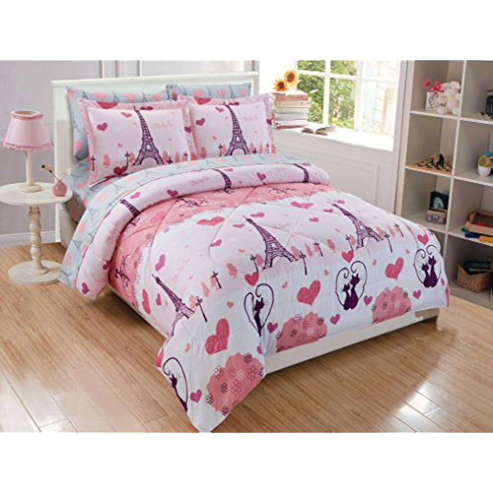 MK Home 7pc Full Comforter Set Girls Paris Bedding Eiffel Tower Pink