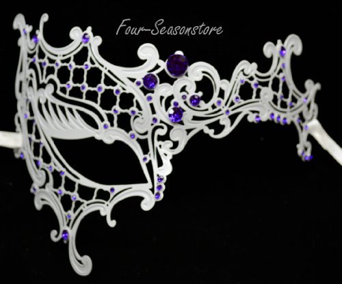 New Women Metal Phantom Mask Laser Cut Venetian Halloween Masquerade Mask Costume Extravagant Inspire Design - White w/ Purple Rhinestones