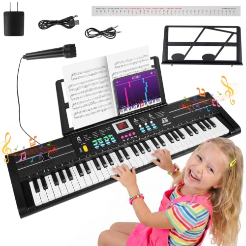 Teclado Musical, 61 Piano Digital para Niños, Incluye Micrófono y Atril Teclas Piano Eléctrico Altavoces Duales Piano Digital Adecuado Teclado Piano para Niños, Niñas Principiantes (Negro)
