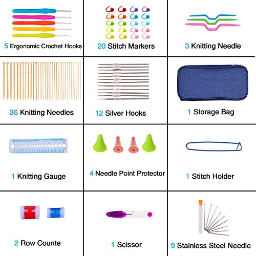 K Kwokker 95 Pieces Ergonomic Crochet Hooks Set Bamboo Knitting Needles Yarn Hook Stitch Markers DIY Craft Aluminum Handle Sewing Weave Set Full Kit Tools with a Blue Storage Case - Thumbnail 2