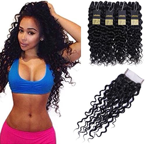 LAREALLEE Cheap Brazilian Virgin Hair Water Wave 4 Bundles With Closure Free Part Wet And Wavy Human Hair Bundles With Lace Closure Natural Color 50g/Bundle (10 10 10 10 with 8 inch closure) 220g