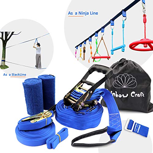 Rainbow Craft Ninjaline Slackline for Obstacle Course Set, with Removable Loops for Kids Backyard Outdoor Play - Non-Printing Ninja Line Type