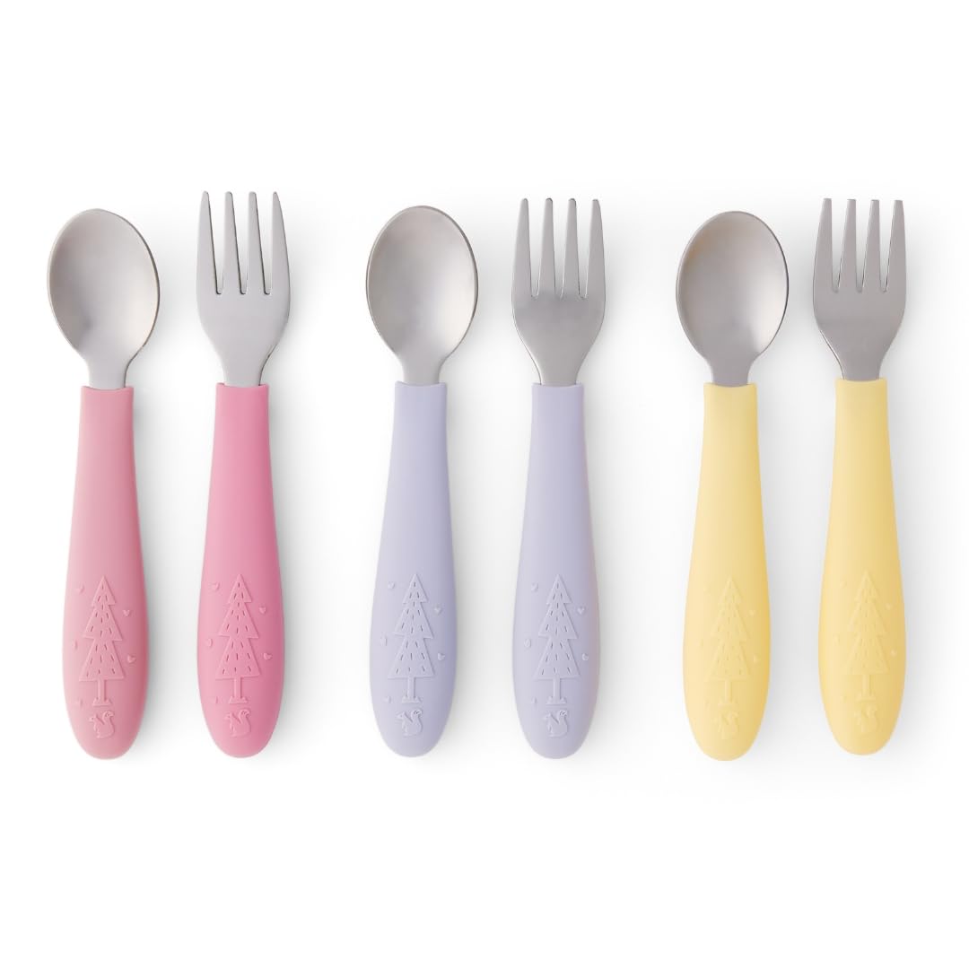 Elk and Friends Kids Silverware with Silicone Handle | Childrens Safe Flatware | Toddler Utensils | Baby Spoons + Forks | Stainless Steel Cutlery | Dishwasher Safe | 6 Pieces — image 1