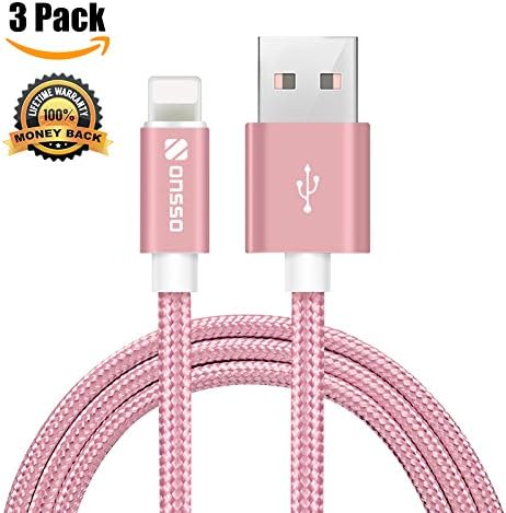 Onsso Nylon Braided iPhone Charging Cable Lightning to USB Data Sync Cable Lightning Cable for iPhone 7,7 Plus,6S,6 Plus, iPhone 5s, 5c,5,iPad Mini,Mini 2,Air, Pro [3-Pack] (Pink, 1M/3.3Feet)