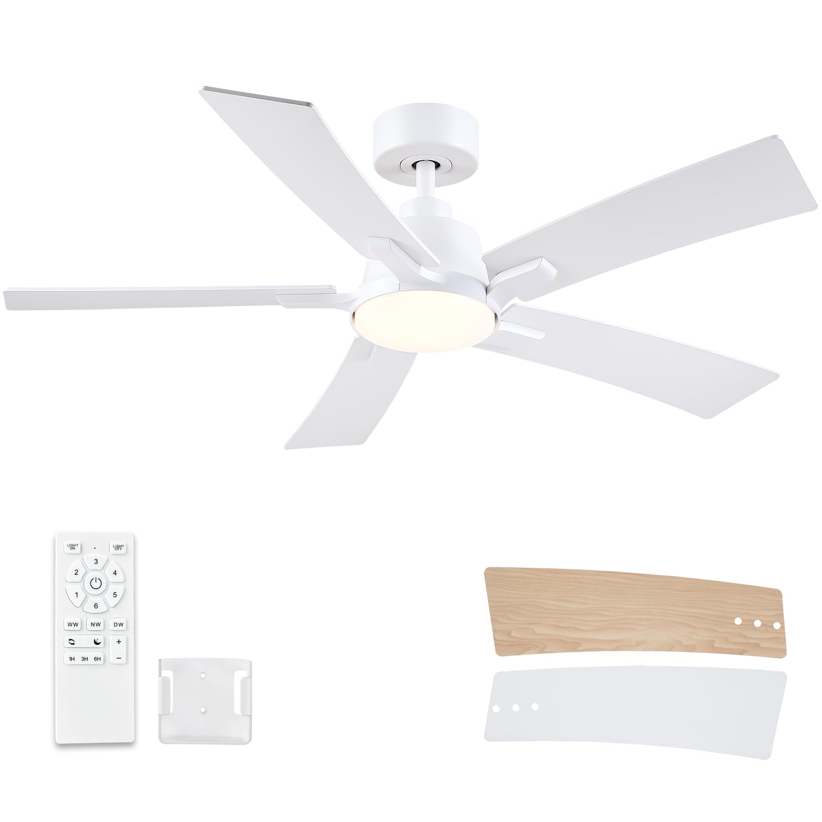 Photo 1 of 46 Inch Ceiling Fans with Lights and Remote, White Ceiling Fan, Downrod Style with 5 Blades, Modern Design For Indoor Bedroom Living Room/Outdoor, 6 Speed Reversible DC Motor, 3CCT Dimmable LED
