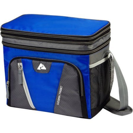 Ozark Trail 12-Can Cooler, expandable top soft-sided Cooler, Removable plastic hardliner, dry storage, Side mesh pockets, Adjustable, padded shoulder strap, Polyethylene - Blue