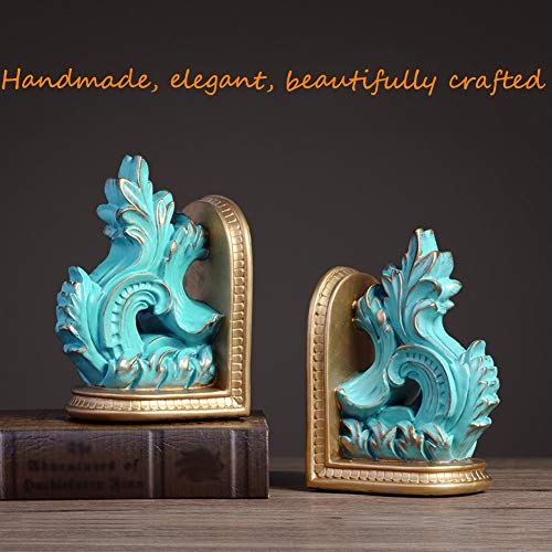 MAGO Abstract Bookends Hand-Carved Traditional Resin Bookends for Shelf Home Office Library Decoration, 1 Pair,Gold/Blue (Color : Blue)