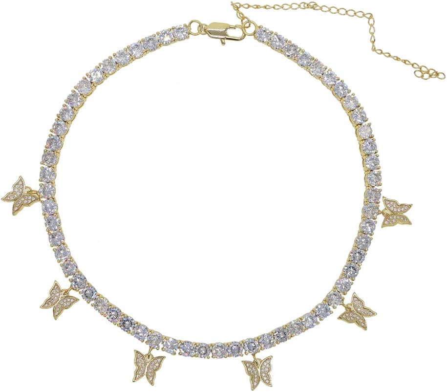 Butterfly Charm Cz Tennis Chain Choker Necklace Wedding Engagement Sparking Bling Hip Hop Women Jewelry