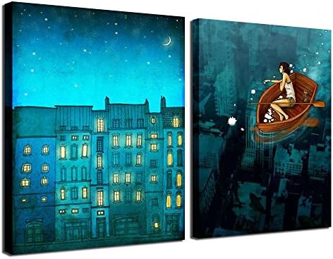 Gardenia Art - City Night Canvas Prints Wall Art Paintings Abstract Blue Starry Sky Wall Artworks Pictures for Living Room Bedroom Decoration, 16x12 inch/piece, 2 Panels