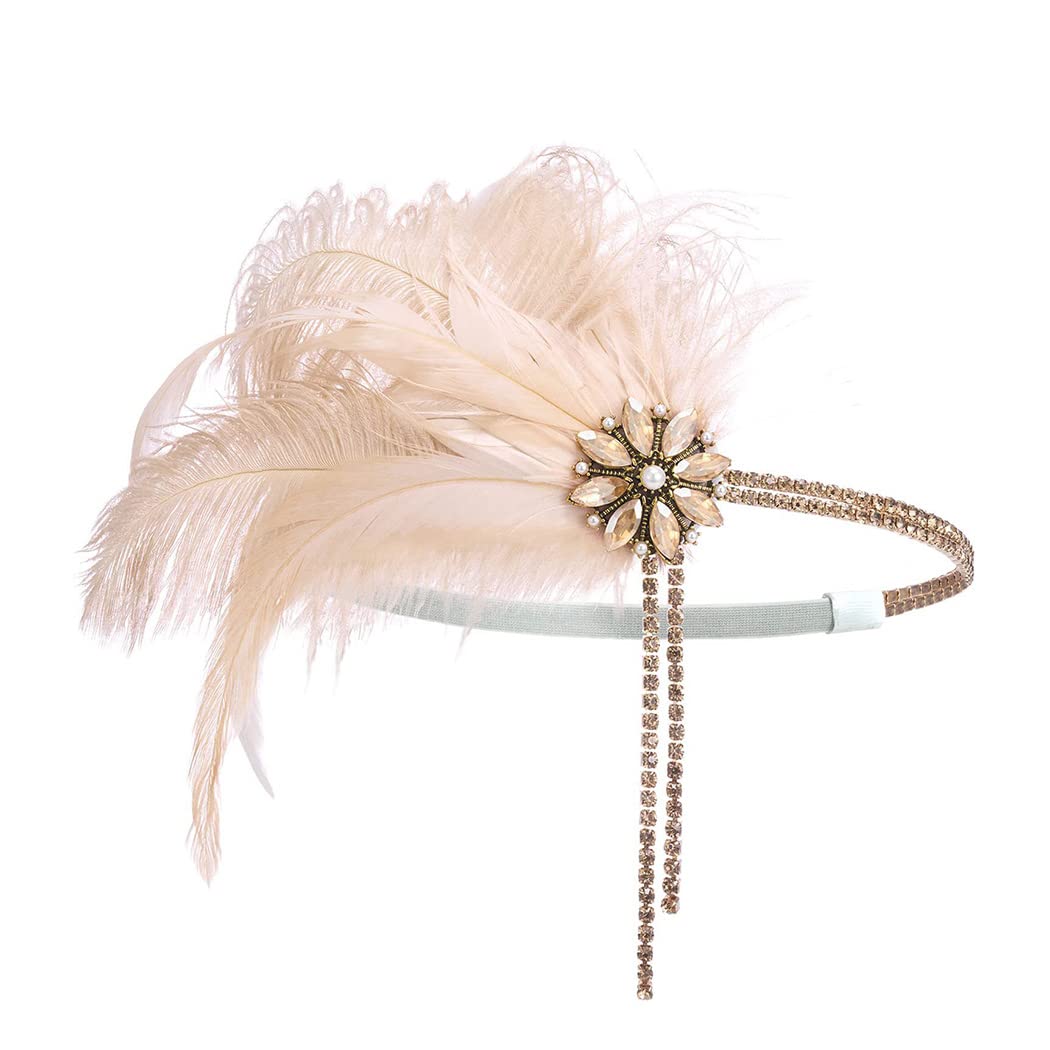 IYOU 1920s Feather Flapper Headpiece Champagne Crystal Gatsby Headband Prom Wedding Hair Accessories for Women — image 1