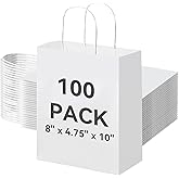 Brothersbox 100Pcs White Paper Gift Bags Medium Size 8x4.75x10 inch, Kraft Paper Bags with Handles Bulk for Shopping, Craft, Business, Retail, Party Favor, Takeout, Goodie, Grocery