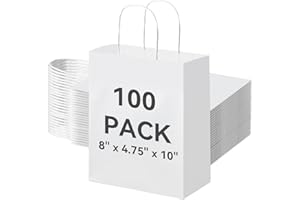 Brothersbox 100Pcs White Paper Gift Bags Medium Size 8x4.75x10 inch, Kraft Paper Bags with Handles Bulk for Shopping, Craft, Business, Retail, Party Favor, Takeout, Goodie, Grocery