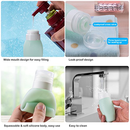 Leakproof Travel Bottles TSA Approved - Acdyion (2018 New Design) 8 Pieces Travel Containers Including BPA Free 3 oz Silicone Refillable Bottles and 10g PP Cream Jars with upgraded Clear Bag (8Pack)