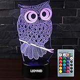 LJOYKID Owl 3D Led Night Light - Optical Illusion 7 Colors Touch Table Desk Visual Lamp with Remote Control Lamp for Gifts Toys for Children Kids