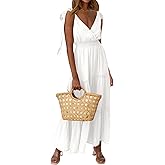 PRETTYGARDEN Women's Cross Neck Spring Sleeveless Tiered Maxi Dress Beach Tie Strap Smocked Long Dresses Pleated Sundress