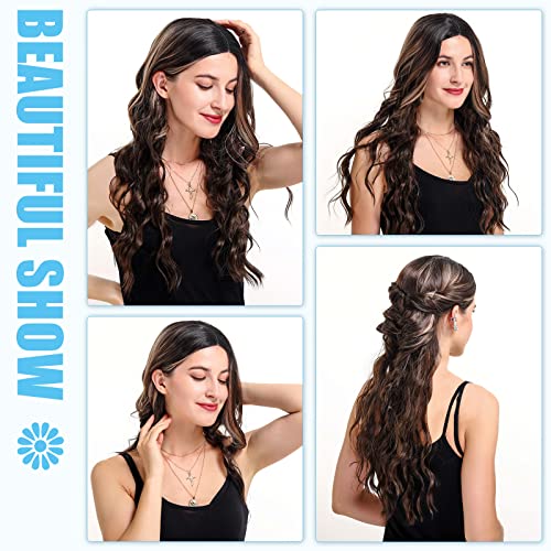 POPTAIYU Long Brown Mixed Blonde Wavy Highlight Wig for Women Synthetic Curly Middle Part Wigs Natural Wavy Heat Resistant Wig for Daily Party Use (Brown Mixed Blonde,24inch)