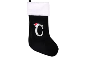 jargebur 20 Inches Initial Monogram Christmas Stocking Personalized,Deluxe Black Velvet Body with Super Soft Plush Cuff Embroidered Letter,Holiday Season Decor