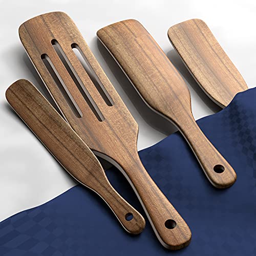 Wooden Cooking Utensils, TOPLANET 4 Pcs Natural Teak Kitchen Utensil Set Heat Resistant Non Stick Wood Cookware with Hanging Hole, Slotted Spurtle Spatula Sets for Stirring, Mixing, Serving