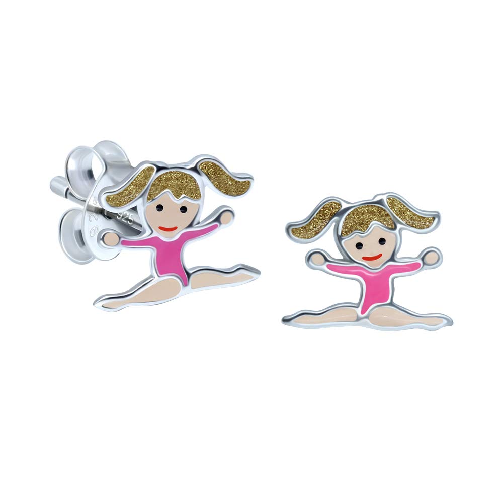 Sterling Silver Gymnastic Girl Earrings - Blonde Hair with Pink Leotard