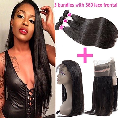 Sky Hair 360 Lace Frontal Closure With Bundles Straight Unprocessed Brazilian Straight Hair 3 Bundles with 360 Lace Closure Human Hair Weave Bundles Natural Black(12 14 16 + 12)