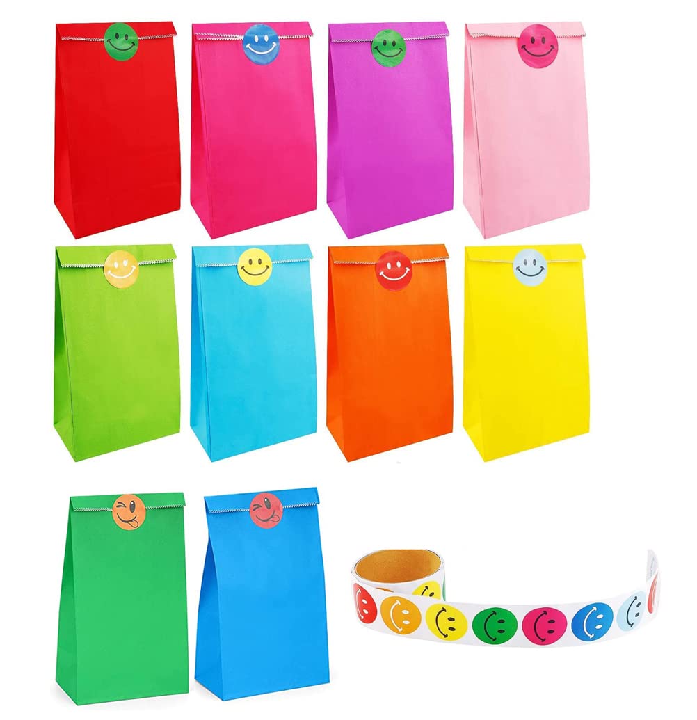 50 Pcs Favor Paper Bags with A Roll of 60 Smile Face Stickers for Kids Chirstmas Birthday Party Supplies (Solid Color with Face Stickers)