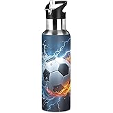 Kcldeci Soccer Ball in Fire and Water Sports Water Bottle 20 Oz Straw Lid Leak Proof Vacuum Insulated Stainless Steel Water Bottles Hot Cold Double Walled Thermo Mug Tumbler Travel Cup