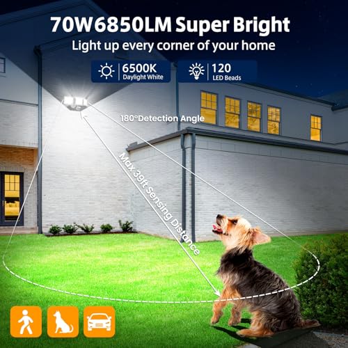 MEIHUA 70W LED Outdoor Motion Detector Floodlight with Remote Control 700-6850LM 6500K Cool White 10 Brightness Levels 3 Modes Waterproof IP66 LED Spotlight for Garage Garden