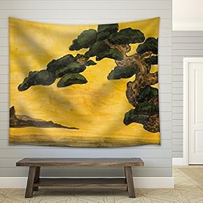 Hand Painted Picture, Watercolours - Pine Tree on Yellow Background - Fabric Wall Tapestry Home Decor - 51x60 inches