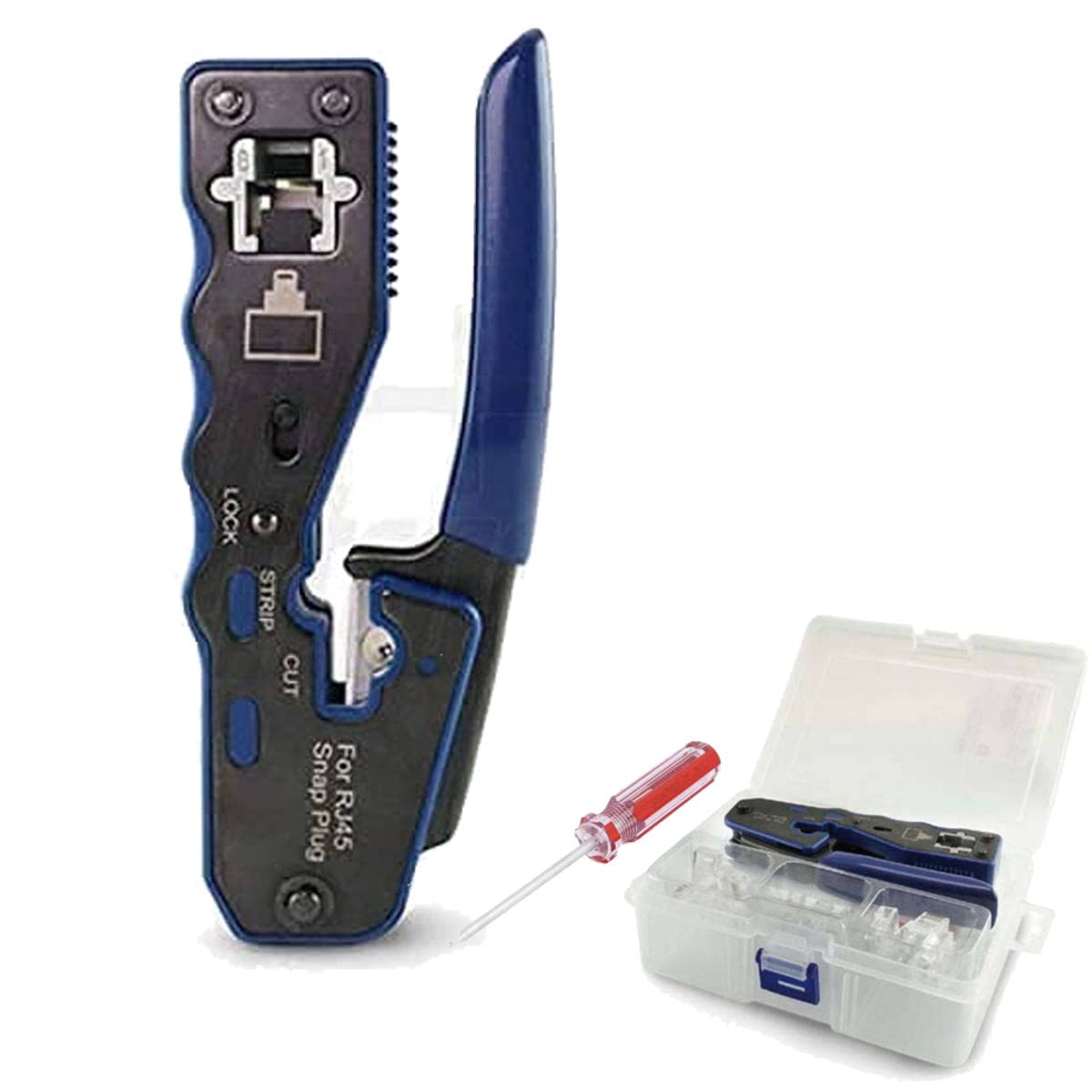 Professional steel crimping tool for RJ45 Ethernet LAN with through technology suitable for CAT.5e, CAT.6 and CAT.7 plugs
