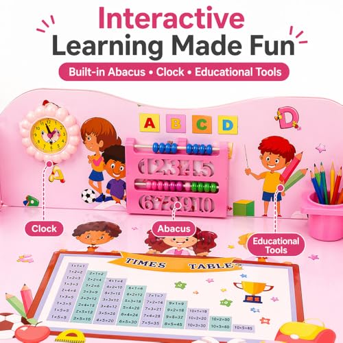 Toshionics Adjustable Kids Study Table & Chair Set | Egonomic Study Desk with Learning Board & Clock, Adjustable Height School Desk with Storage Cup Tiltable Desktop for Kids 3-15 - Pink