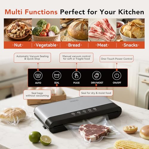 DOMIVIO 85KPA Vacuum Sealer, 7-in-1 Automatic Food Vacuum Sealer Machine, Dry/Moist Modes, 30cm Seal Length, Stainless Steel with 20 Pre-cut Bags, External Vacuum Hose, Digital Display