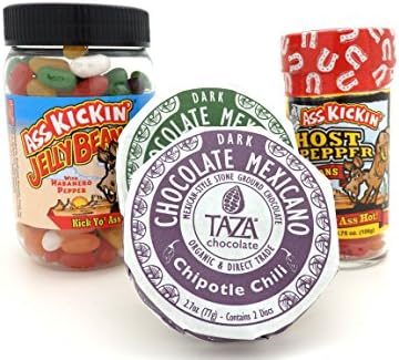 Sweet Heat Spicy Gift Set - Taza Mexicano Dark Chocolate Disks - Chipotle Chili and Guajillo Chili plus Habanero and Ghost Pepper Jelly Beans