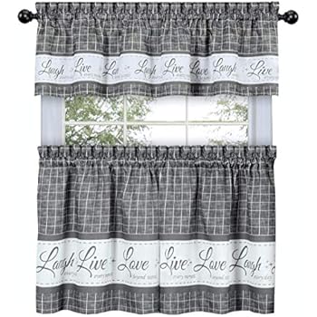 GoodGram Country Gingham Check Live~Laugh~Love 3 Pc. Café Plaid Kitchen Curtain Set - Assorted Colors & Sizes (Gray, 36 in. L)
