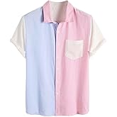 WDIRARA Men's Colorblock Button Down Short Sleeve Pocket Front Shirt Tops