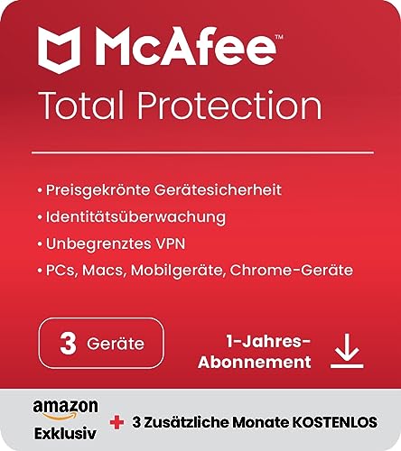 McAfee Total Protection 2023 |exklusiv bei Amazon| 3 Geräte |Virenschutz- und Internetsicherheits-Software| Unlimited VPN |15-Monate-Abonnement| Download
