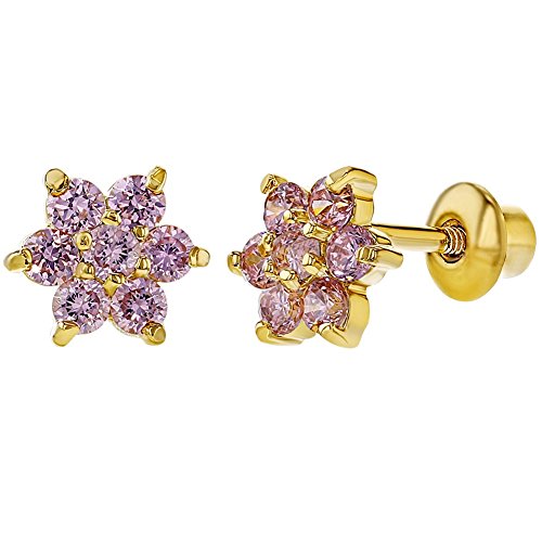 18k Gold Plated Flower Baby Earrings Screw Back Kids 5mm