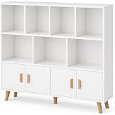 OSCHF 11-Cube Bookcase with Doors, 3-Tier Storage Cabient, Warm White | Solid Wood Legs and Door Handles, Cubby Shelf with 4 Doors, Fits 11&times;11" Bins for Home &amp; Office
