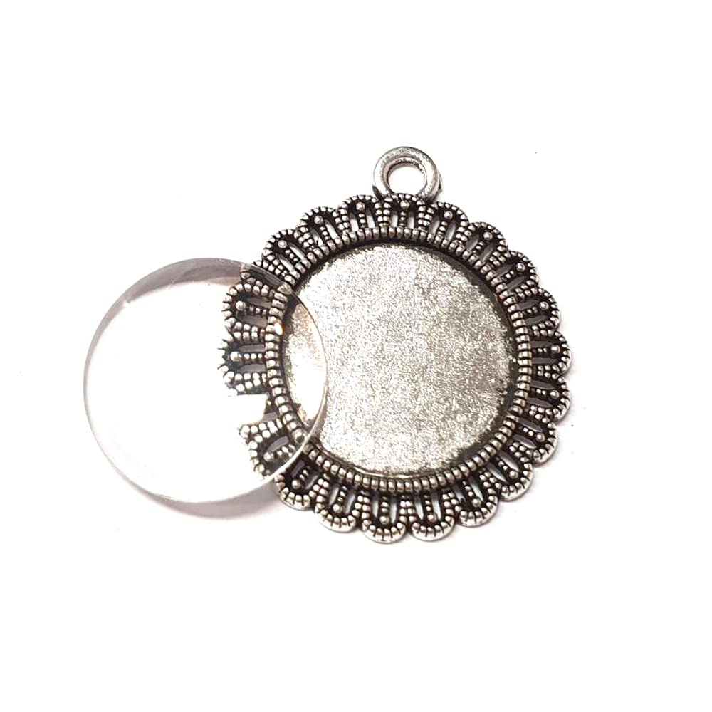 Perlin 8 Pieces 4 Pieces Silver Filigree Setting Jewellery Charm Empty Bezel Lockets Metal Pendant 25 mm Round 4 Pieces Clear Glass Cabochon Frame